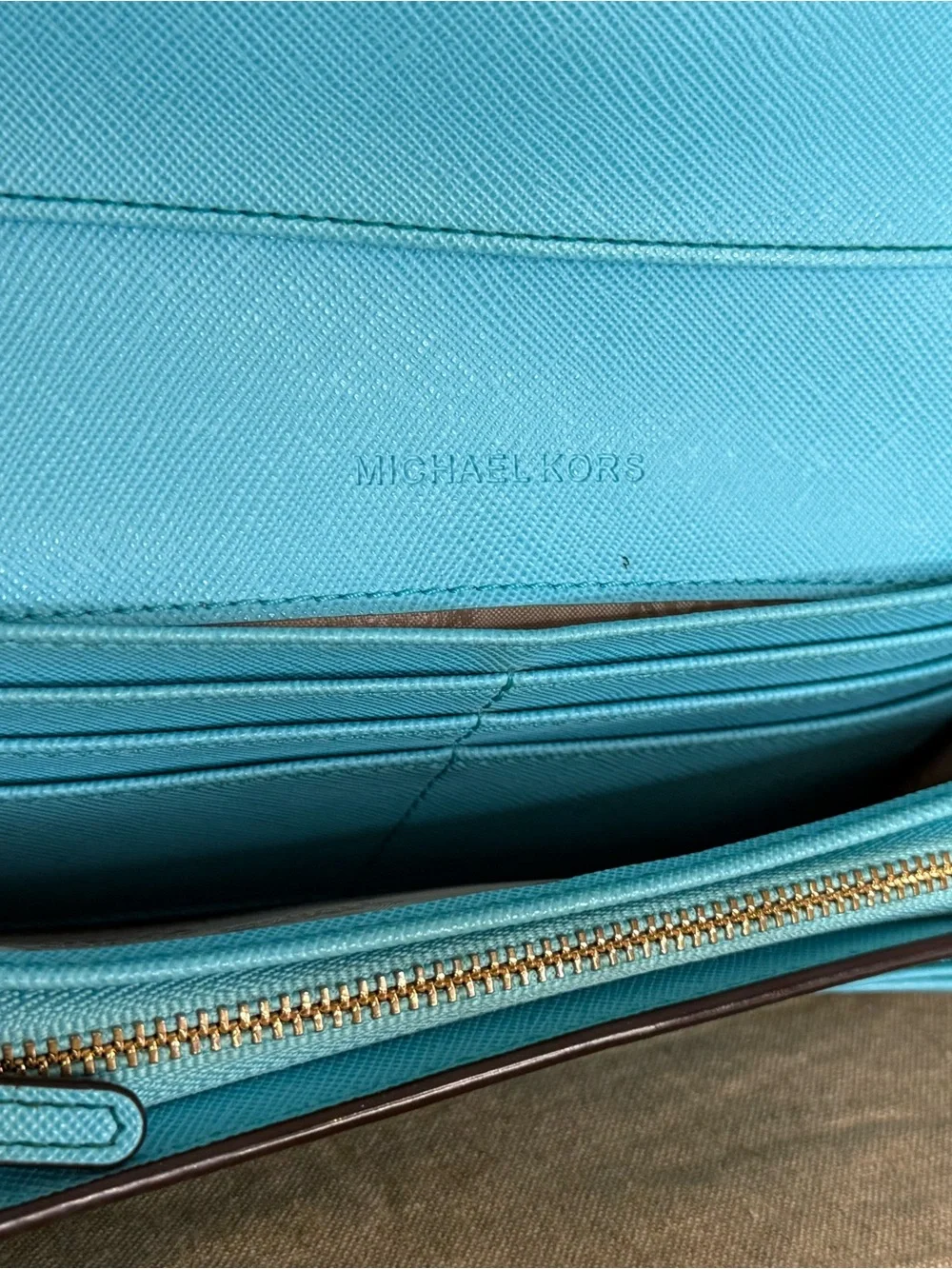 Michael Kors Turquoise Pebbled Leather Flap Wallet with Gold MK Emblem Limited